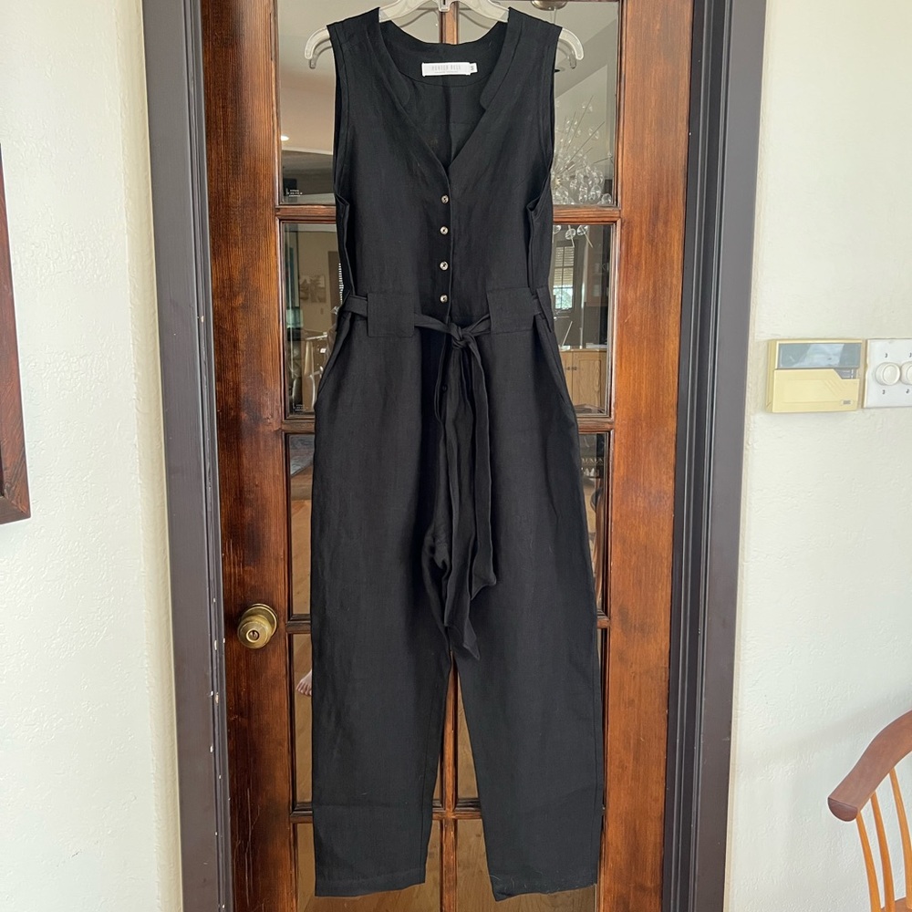 HUNTER BELL Black Sleeveless V-Neck Linen Jumpsuit with Tie